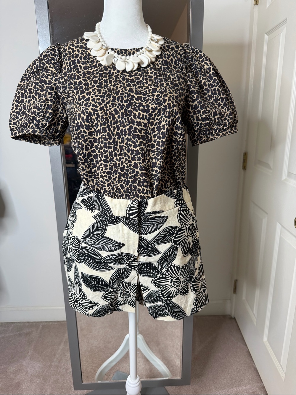 J. Crew Black and Cream Mixed-Print Puff-Sleeve Top